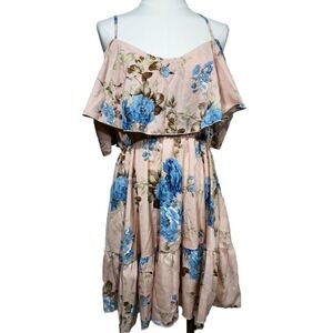 Shein VCAY Floral Cold Shoulder Dress Women Large Pink‎ Blue Ruffle Mini Summer